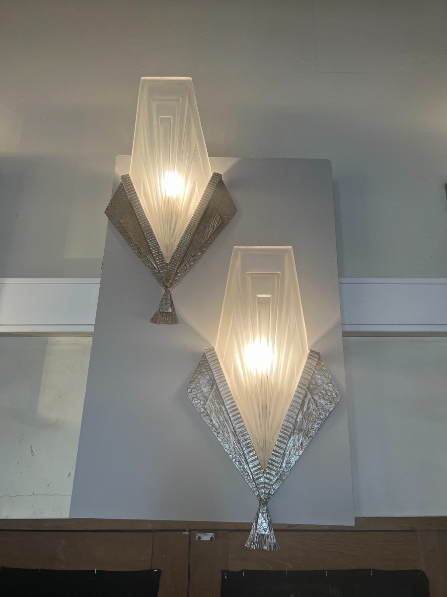 Superb Pair Of Art Deco Sconces Signed Degué Compiègne France (art Deco Sconces 1930)-photo-3