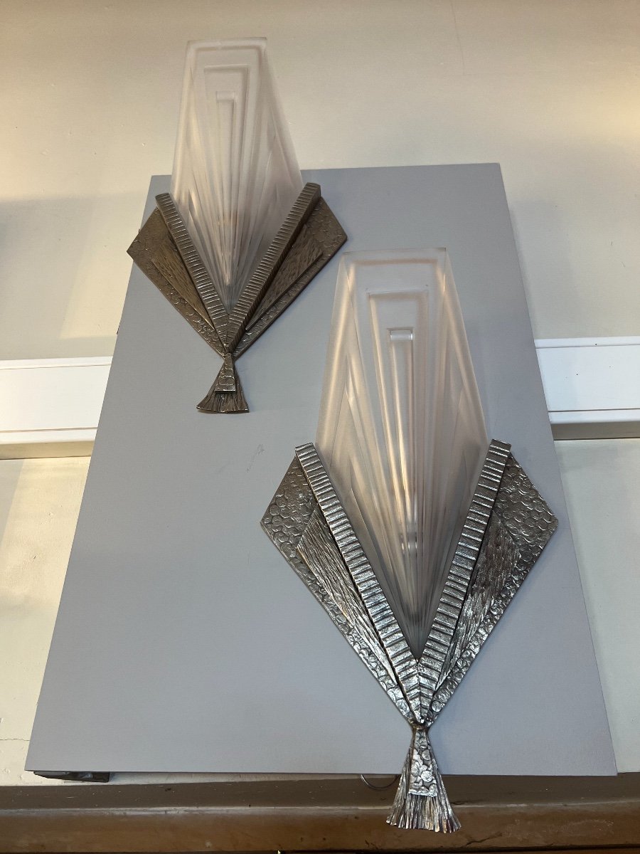 Superb Pair Of Art Deco Sconces Signed Degué Compiègne France (art Deco Sconces 1930)-photo-7