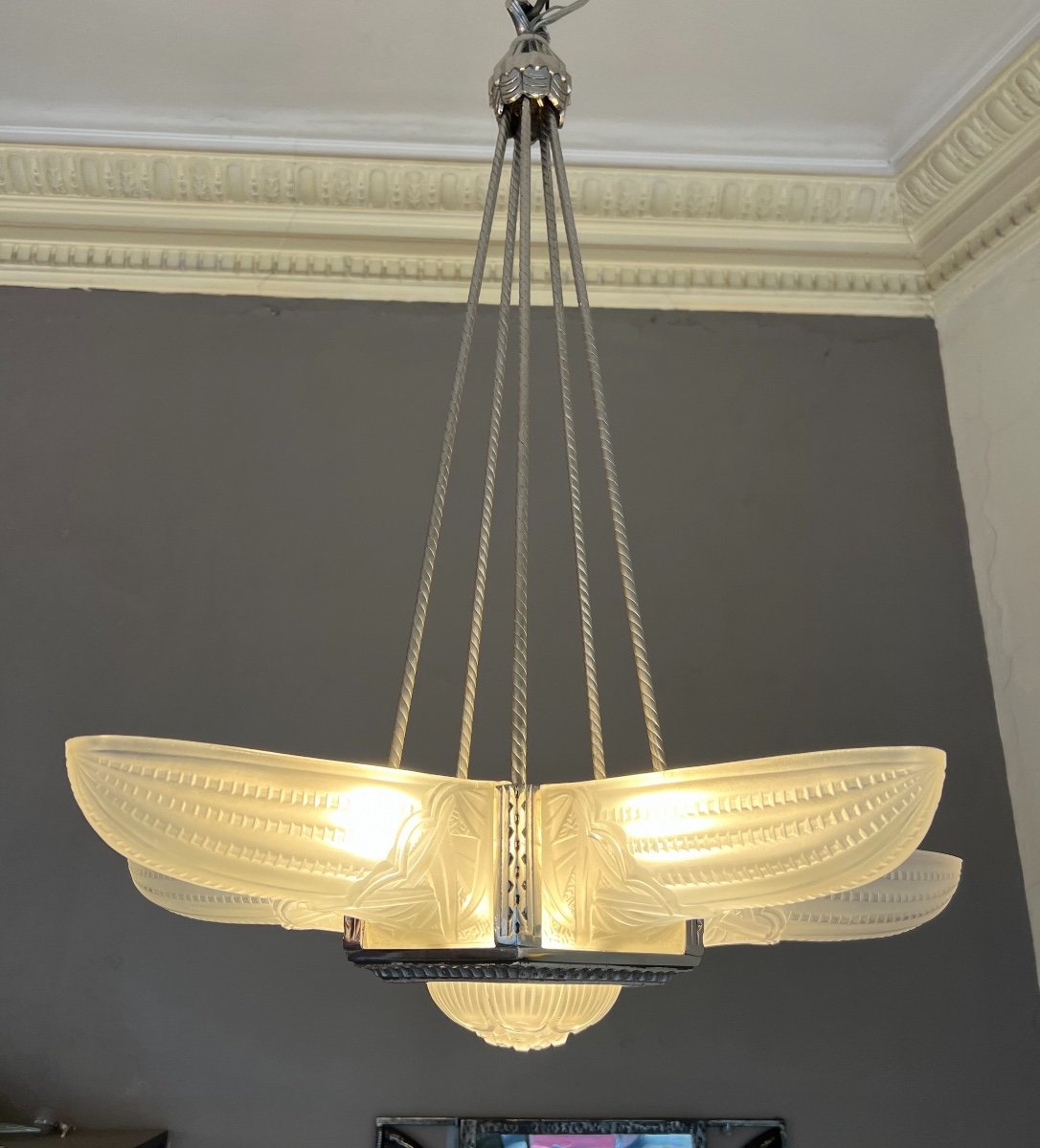 Superb Art Deco Belgian Glass Chandelier With 5 Cornets (art Deco Chandelier / Suspension 1930)-photo-2