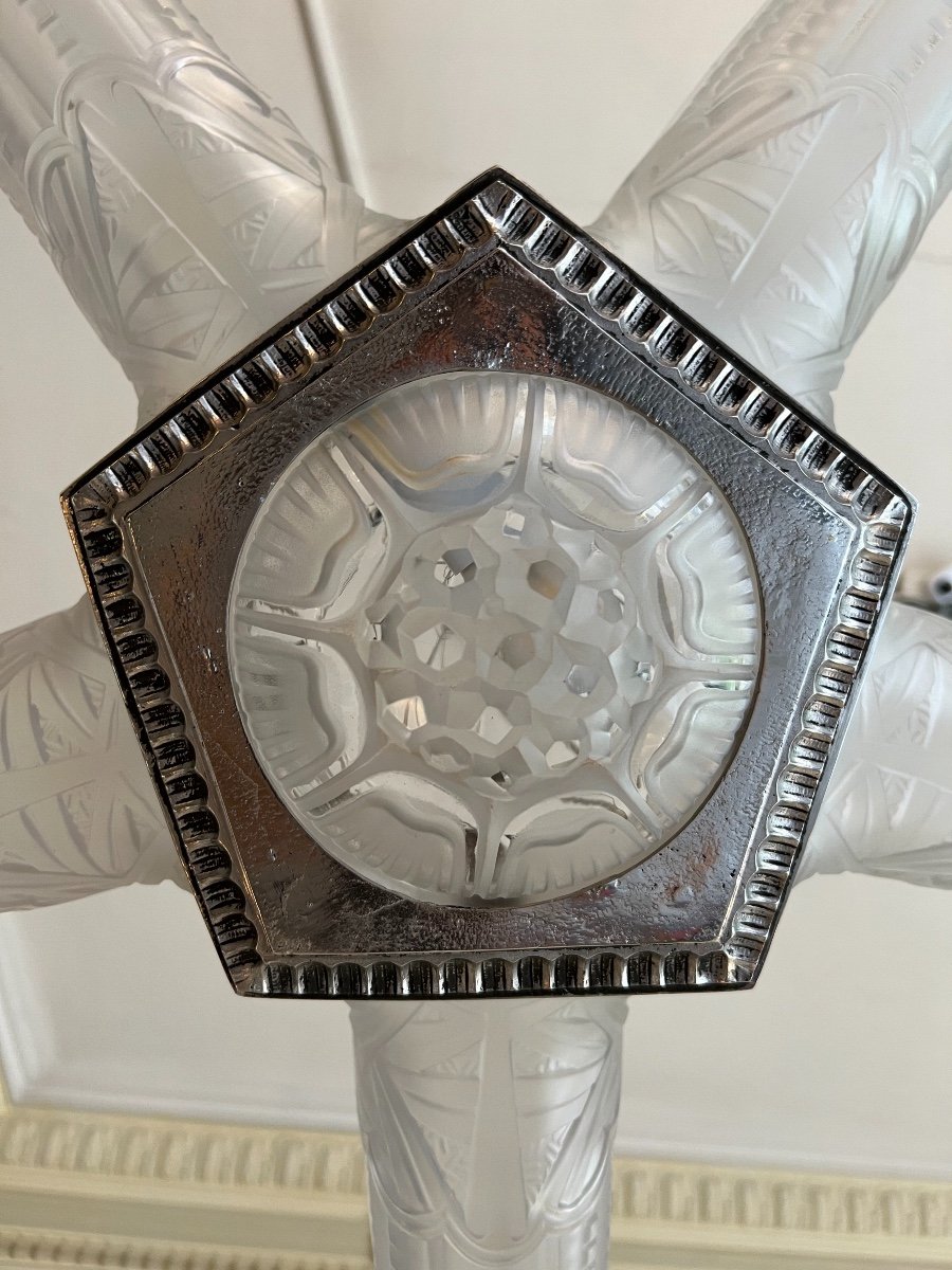 Superb Art Deco Belgian Glass Chandelier With 5 Cornets (art Deco Chandelier / Suspension 1930)-photo-7