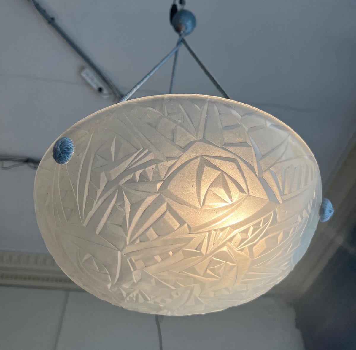 Suspension / Plafonnier  Vasque Art Déco Degué à Cordelières ( Lustre Art Deco 1930 ) -photo-2