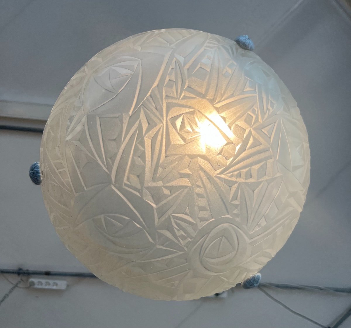 Suspension / Plafonnier  Vasque Art Déco Degué à Cordelières ( Lustre Art Deco 1930 ) -photo-3