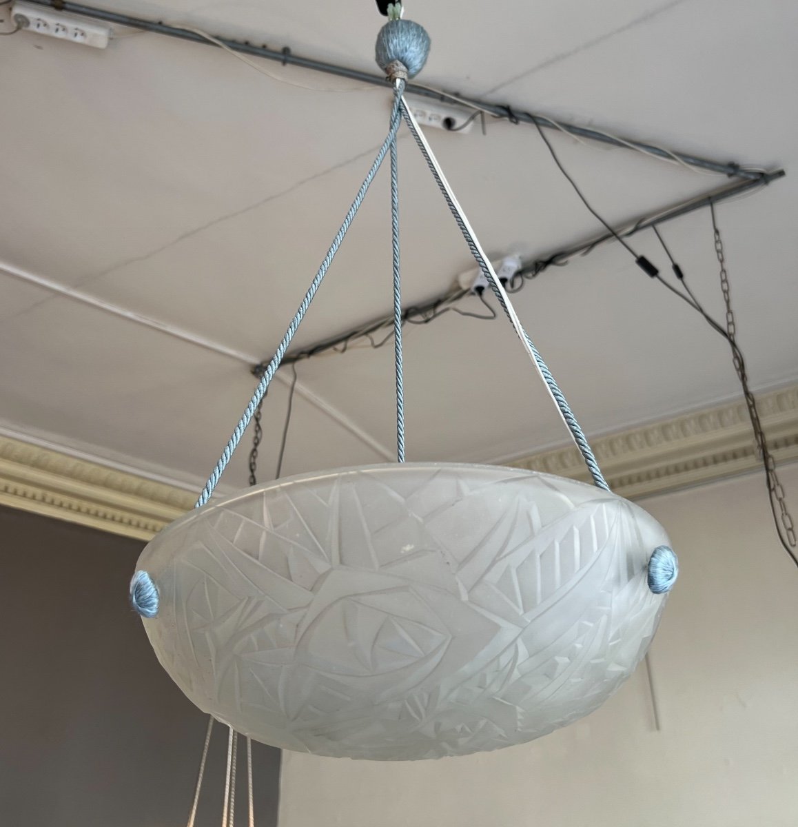 Suspension / Plafonnier  Vasque Art Déco Degué à Cordelières ( Lustre Art Deco 1930 ) -photo-8