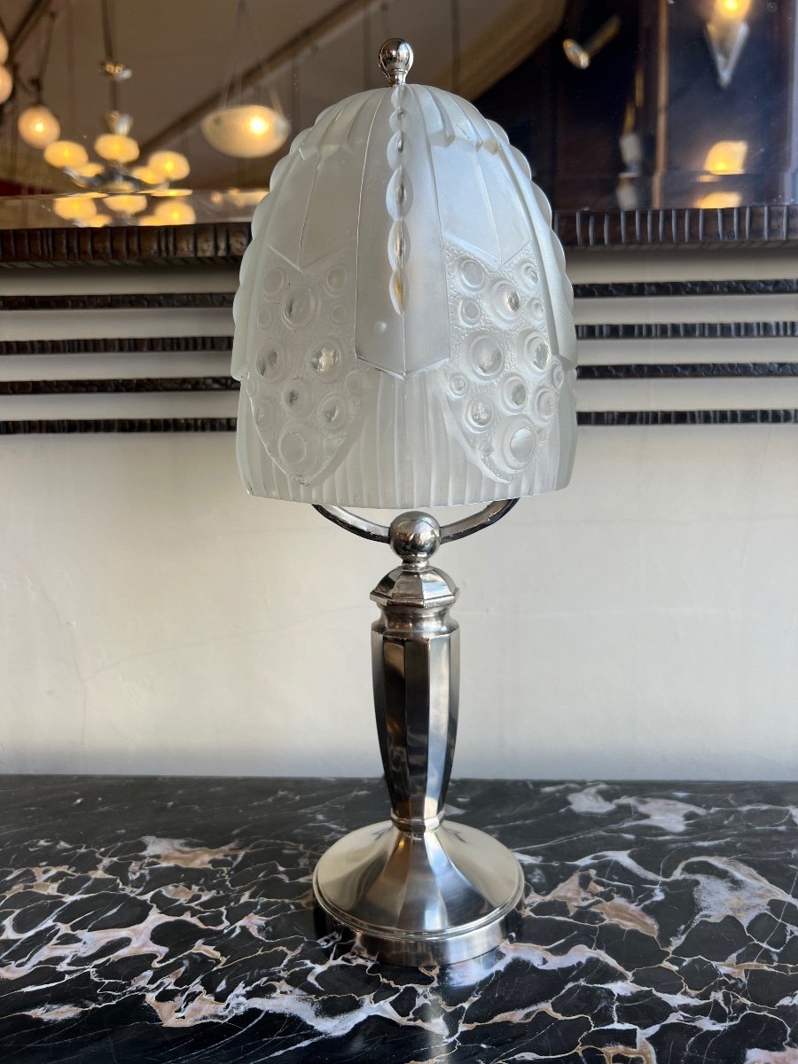 Lampe Art Déco à Poser / De Bureau Georges Leleu En Bronze Nickelé ( Lampes Art Deco 1930 ) -photo-7