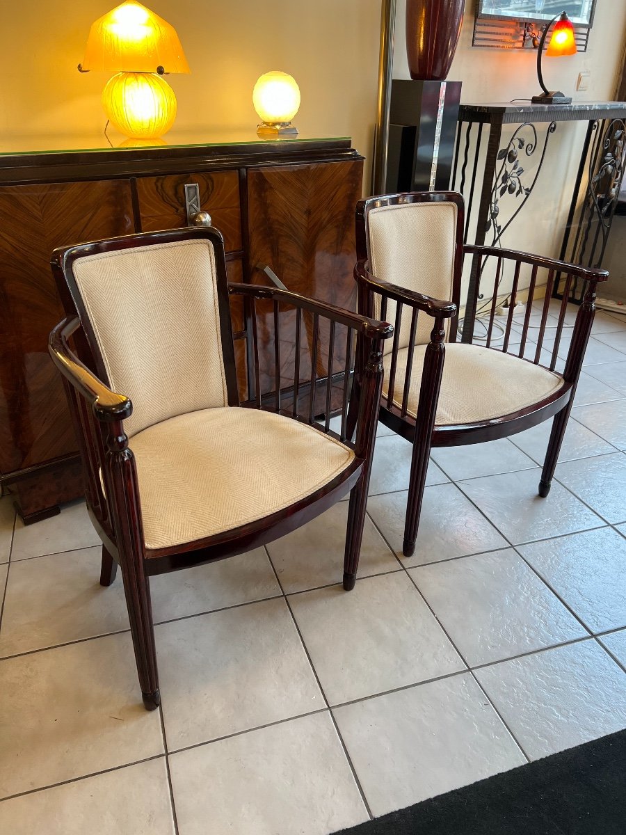 Paire De Fauteuils Art Déco En Hêtre Vernis Acajou 1920   ( Fauteuil / Chaise Art Deco 1930 ) -photo-3