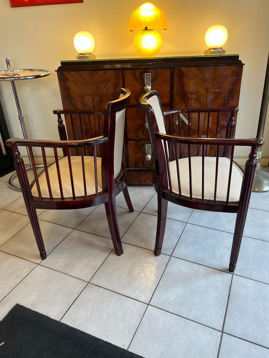 Paire De Fauteuils Art Déco En Hêtre Vernis Acajou 1920   ( Fauteuil / Chaise Art Deco 1930 ) -photo-2