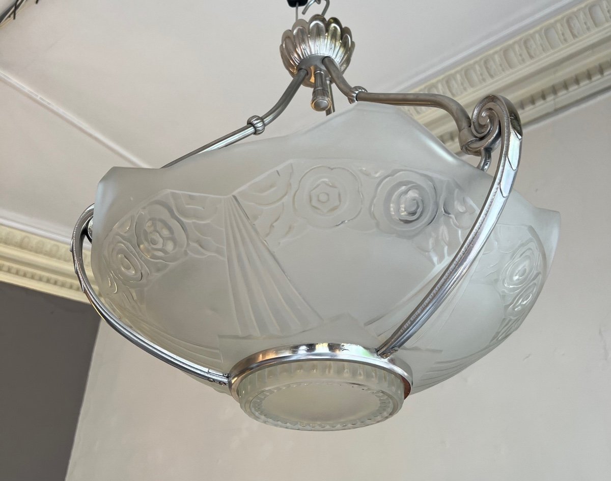 Extremely Rare Suspension / Ceiling Lamp / Basin Signed Sabino Paris 4658 (art Deco Chandelier 1930)-photo-7