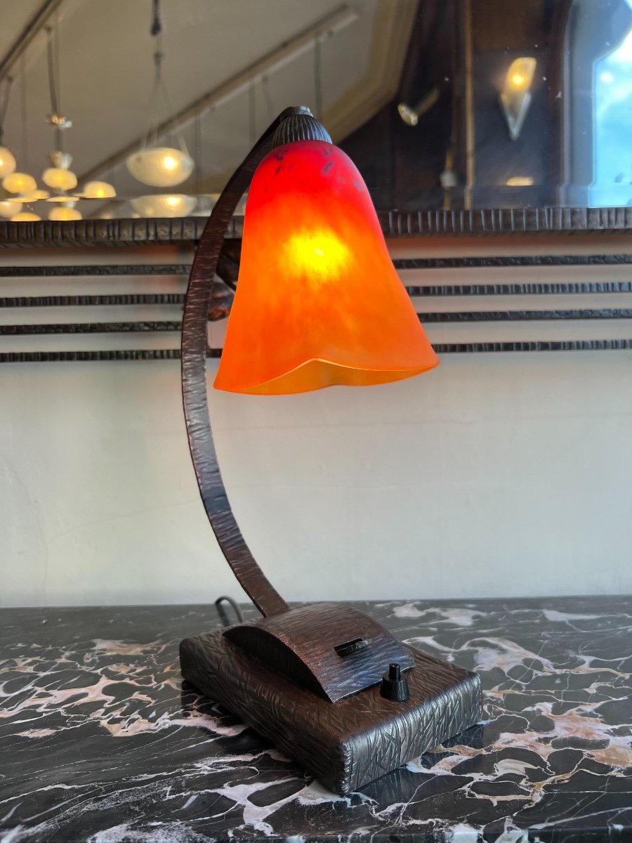 Lampe Transition Art Nouveau / Art Déco Verre Marmoréen Schneider ( Lampe 1920 /1930 Fer Forgé -photo-4