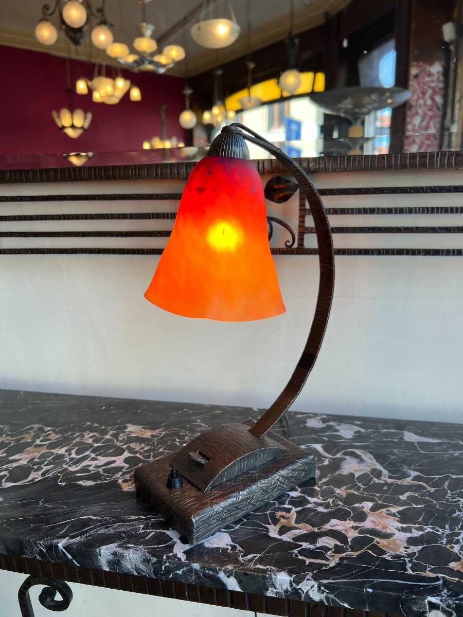 Lampe Transition Art Nouveau / Art Déco Verre Marmoréen Schneider ( Lampe 1920 /1930 Fer Forgé -photo-2