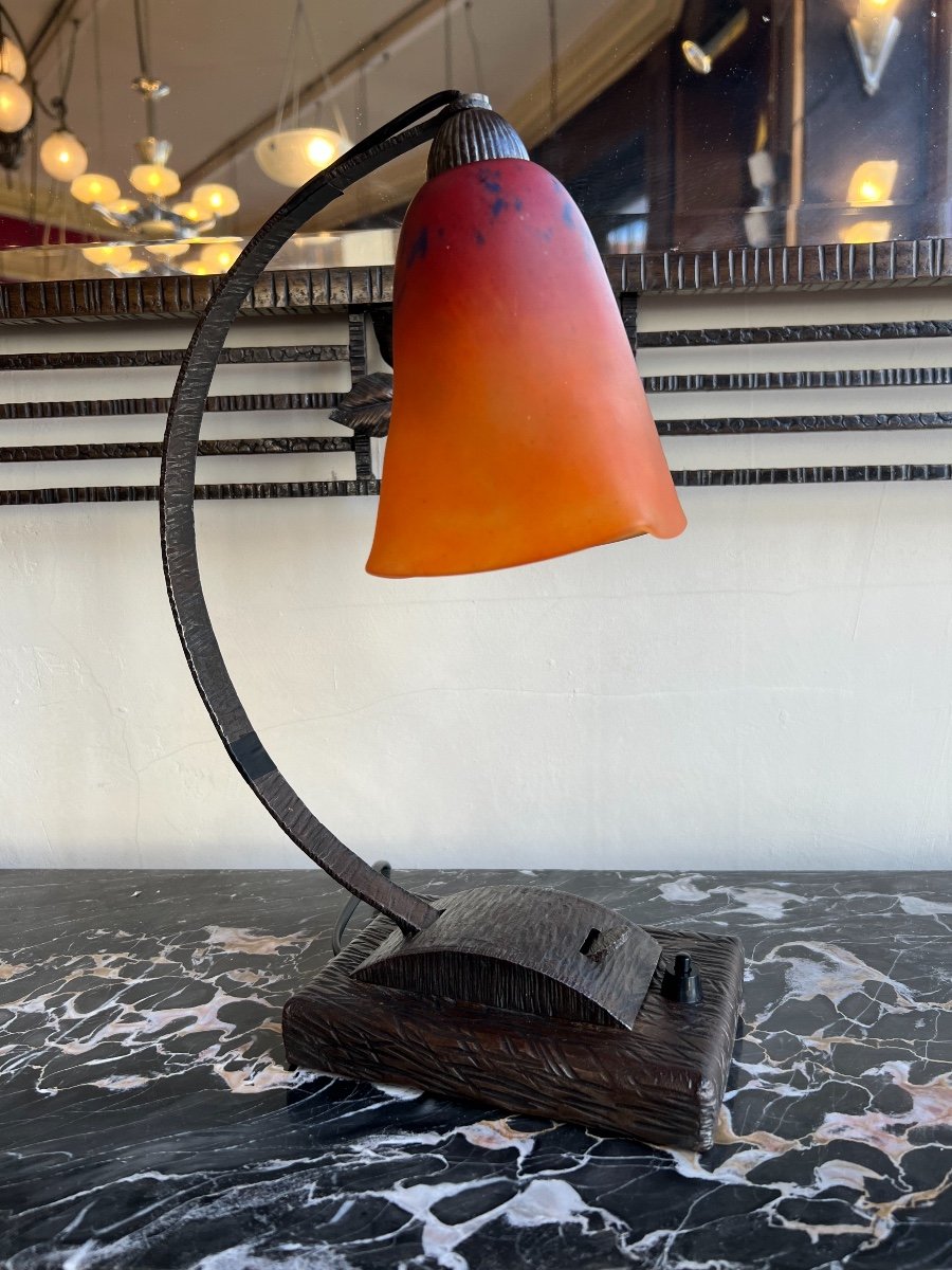 Lampe Transition Art Nouveau / Art Déco Verre Marmoréen Schneider ( Lampe 1920 /1930 Fer Forgé -photo-4