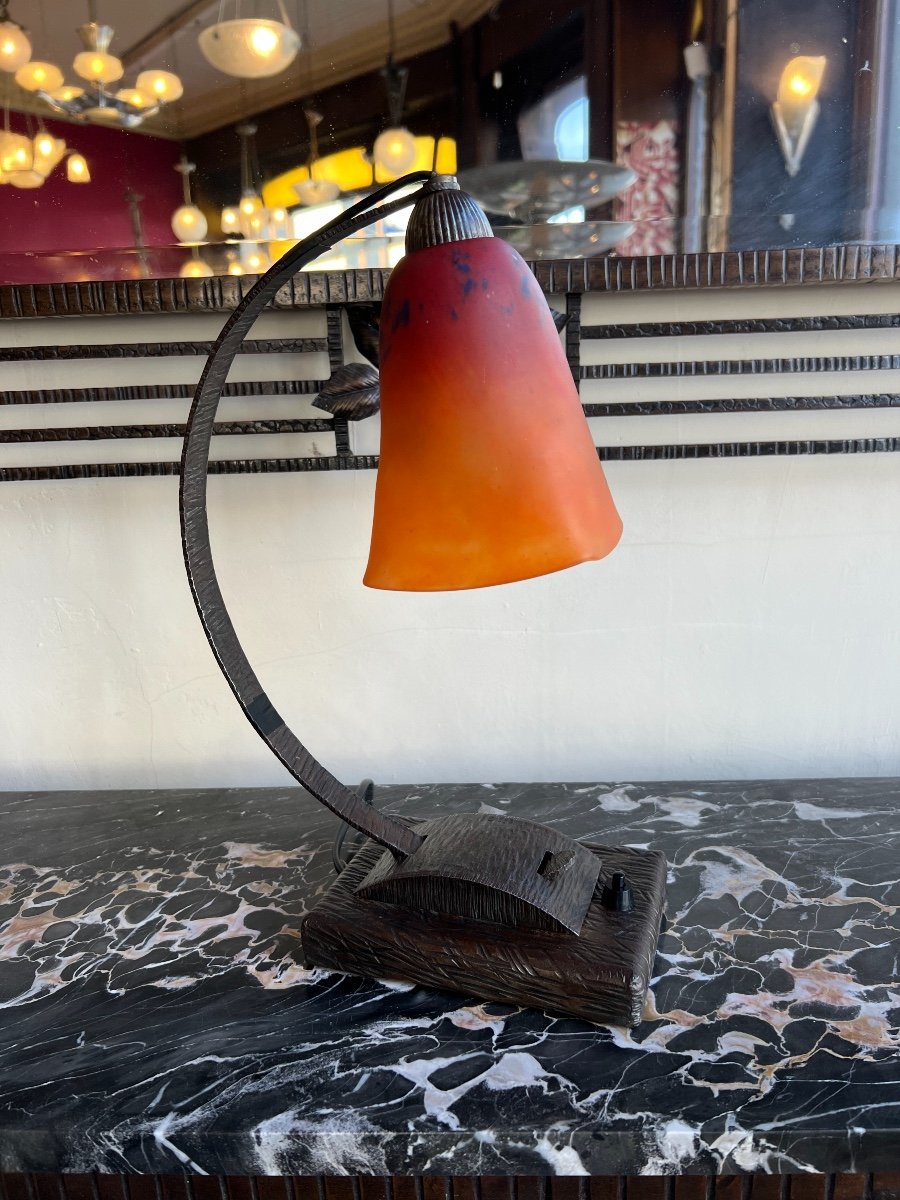 Lampe Transition Art Nouveau / Art Déco Verre Marmoréen Schneider ( Lampe 1920 /1930 Fer Forgé -photo-6