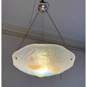 Art Deco Suspension / Ceiling Lamp In Opalescent Glass Signed Roba Paris (art Deco Chandelier 1930)
