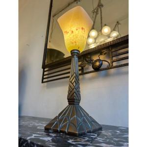 Lampe Art Déco En Bronze Argenté Et Verre Marmoréen Signée Schneider ( Lampe Art Deco 1920 ) 