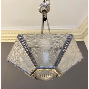 Rare Georges Leleu Art Deco Chandelier With 6 Plates And 1 Cup (art Deco Chandeliers 1930)