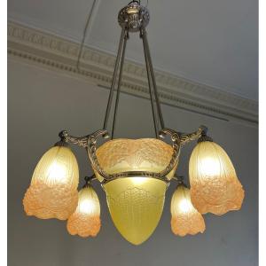 Extremely Rare Chandelier Transition Art Nouveau / Art Deco Müller Frères Et Hettier & Vincent Signed