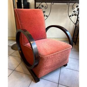 Un Fauteuil Art Déco En Noyer Foncé /  Tissu Velours Et Accotoirs En Amandes ( Art Deco 1930 ) 