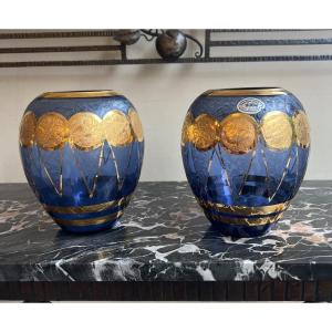 Paire De Vases Art Déco Paul Heller / Verrerie De Rupel Boom {étiquette} ( Vase Art Deco 1930