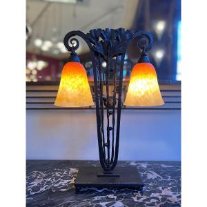 Magnificent Art Nouveau / Art Deco Ginkgo Biloba Transitional Lamp Signed Schneider (1920 Deco