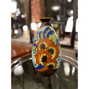 Superb Art Deco Catteau / Kéramis Vase With Extremely Rare Decor Signed { D.2244 } (art Deco Vase 1930