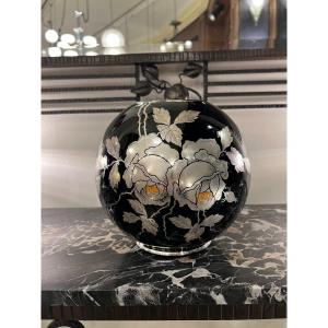 Art Deco “boulle” Vase Verreries Doyen D’havré (mons) In Hyalite Glass (vases 1930)