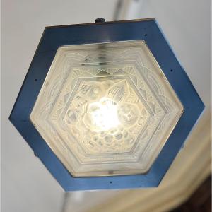 Plafonnier Art Déco Hexagonal «  Verreries Des Hanots » Signé ( Lustre Suspension Deco 1930 ) 