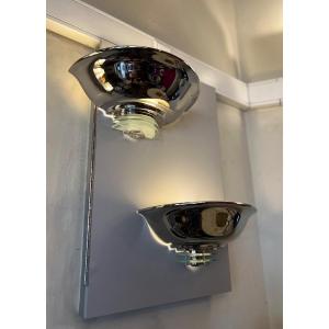  Pair Of Modernist Art Deco Wall Lights In Chromed Metal And Glass (art Deco Wall Lamp 1930