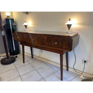 Magnificent Art Deco Console In Polished Flambé Walnut Buffer French Work (art Deco 1930) 
