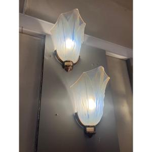 Magnificent Pair Of Art Deco Opalescent Glass Sconces Jean Gauthier Signed (wall Lamp 1930) 
