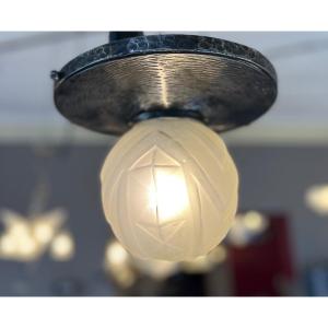 Art Deco Ceiling Lamp Verrerie Des Vosges / Wrought Iron (art Deco Chandelier / Suspension 1930) 