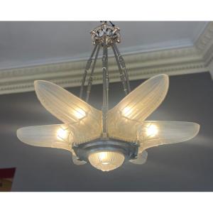 Splendid Art Deco Val Saint Lambert “star” Chandelier With 6 Arms (art Deco Chandeliers 1930) 