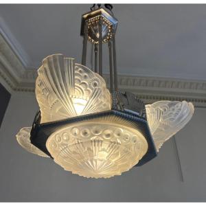 Magnificent Art Deco Georges Leleu Chandelier With 4 Cups And A Basin (art Deco Chandelier 1930) 