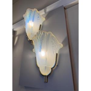 Pair Of Art Deco Wall Lights H. Petitot Signed / In Opalescent Glass And Bronze (art Deco 1930 