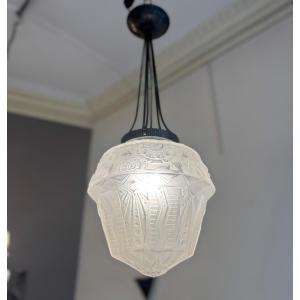 Art Deco Suspension / Ceiling Light Signed Müller Frères / Wrought Iron (art Deco Chandelier 1930) 