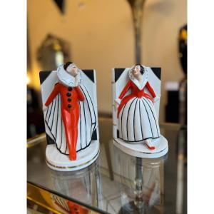Pair Of Art Deco “pierrot And Colombine” Bookends In Limoges Porcelain (deco 1930)