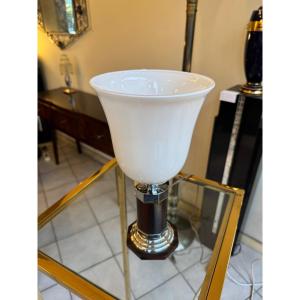 Art Deco Lamp In Macassar Ebony With Flared White Opaline Reflector (art Deco 1930)
