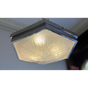 Daum Lorrain Art Deco Ceiling Light Hexagonal Shape / Nickel Plated Bronze Art Deco Ceiling Light 1930
