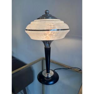 Art Deco Lamp By Verrerie De Clichy In White Speckled Glass / Wood And Chrome Base (1930 Art Deco)