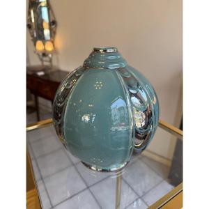 Odyv Art Deco “boule” Vase In Celadon Green And Chrome Glazed Earthenware (art Deco Vases 1930 