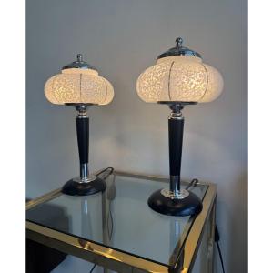 Paire de Lampes Art Déco Verreries de Clichy / bois teinté et chrome ( lampe art deco 1930 ) 