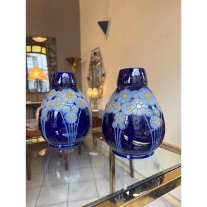 Paire de vases Art Déco en Grès d’Alsace signés Hubert Krumeich - Remmy ( vase art deco 1930 ) 