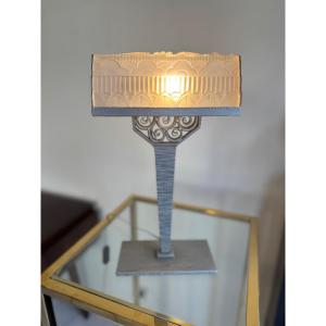 Important Art Deco Val Saint Lambert Desk Lamp / Patinated Wrought Iron (art Deco Lamps 1930s)