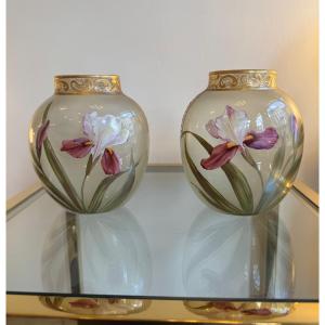 Pair Of Art Nouveau Vases In Translucent Glass With Iris Decoration Circa 1900 (art Nouveau Vase) 