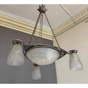 Lustre Art Déco  « Ginkgo Biloba » signé Degué / vasque et tulipes ( lustres art deco 1930 )