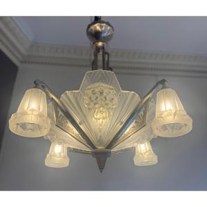 Important Lustre Art Déco PETITOT  / DEGUÉ signé PETITOT FRANCE ( lustre art deco 1930 ) 