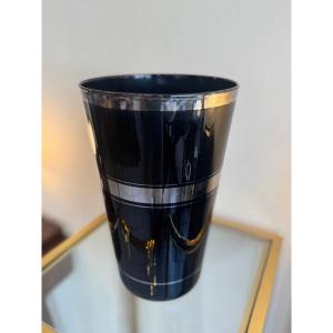 Grand Vase Art Déco Boom  { Anvers } Verre Hyalite noir et liserés chromés  vases art deco 1930