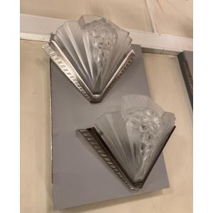  Pair Of Art Deco Wall Sconces Signed Petitot France / Nickel-plated Bronze (art Deco Sconces, 1930)  