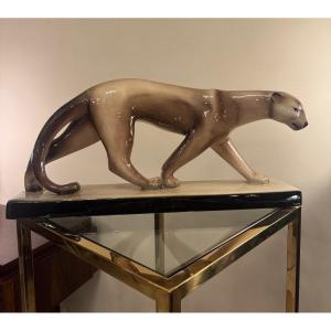 Art Deco Animal Ceramic "panther On The March" / Earthenware (sainte Radegonde) Art Deco 1930