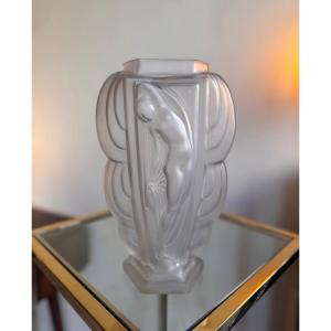 Large Art Deco "dancer" Pressed Glass Vase, Signed Etling (edmond Etling), Art Deco, 1930 