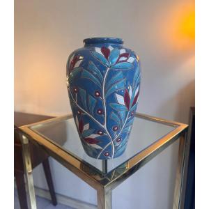 Vase Art Déco « Les Lotus » en faïence émaillée polychrome / belge  ( vases art deco 1930 ) 