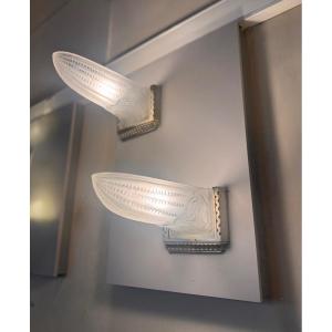 Paire d’appliques Art Déco Verreries belges  «  Pirogues » / bronze ( applique art deco 1930 ) 